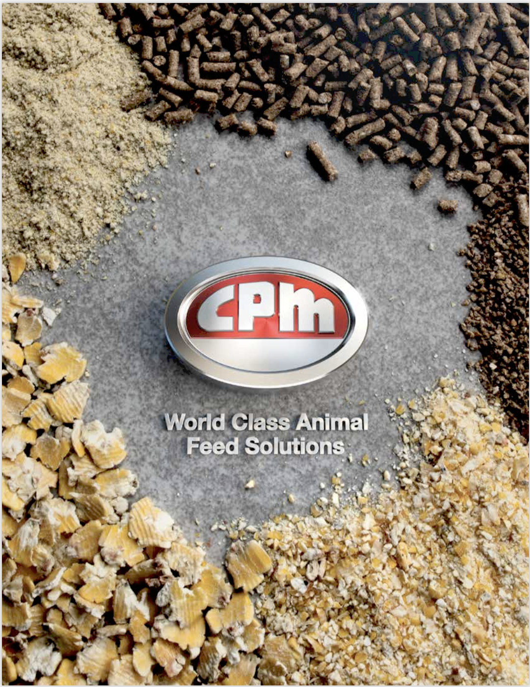 The front cover of CPM World Class Animal Feed Solutions brochure with the CPM logo surrounded by various types of processed animal feed.